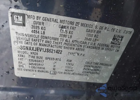 2018 Chevrolet Equinox Lt из США, поврежденный, VIN 3GNAXJEV1JS621422